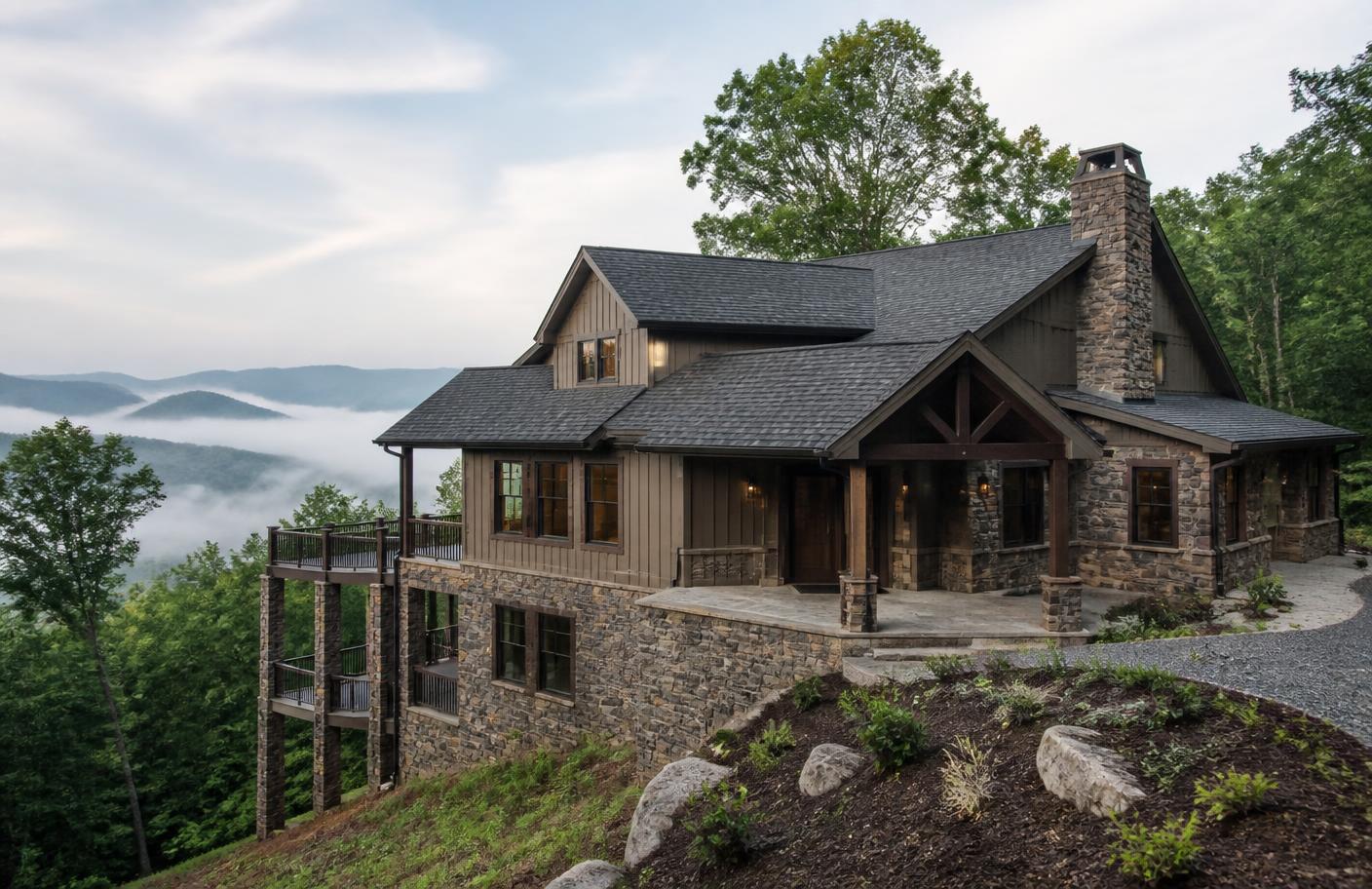 Asheville, North Carolina home built into a wooded mountain slope with a stepped foundation
