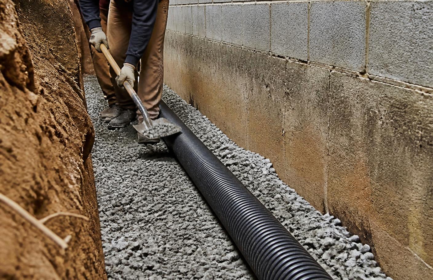 Interior drainage pipe being installed in a gravel trench beside a crawl space footing