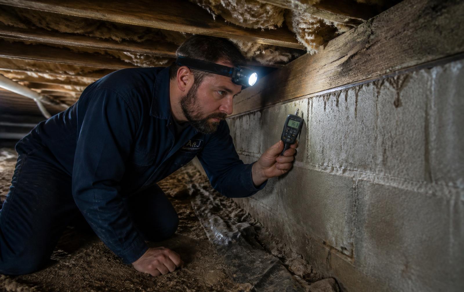 Technician measuring moisture on a crawl space wall during an inspection