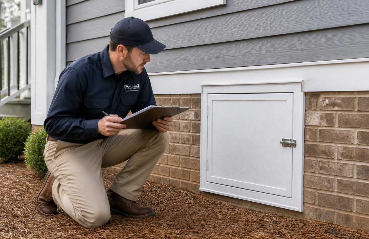 Exterior crawl space access door and foundation vent on a North Carolina home